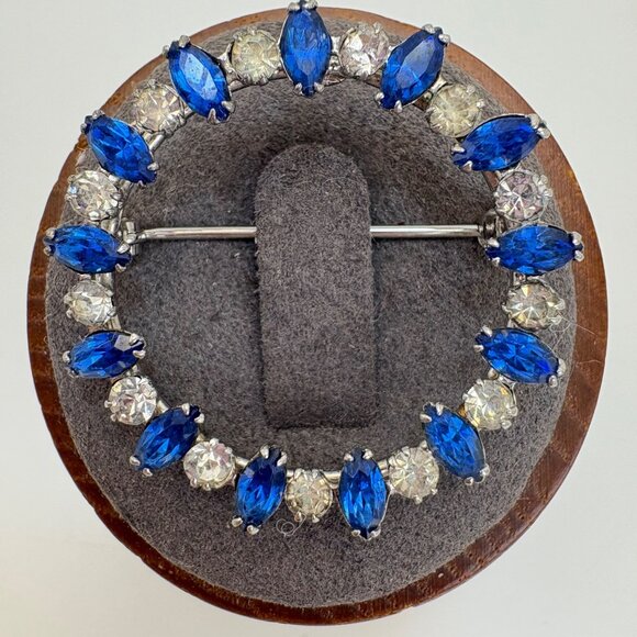 Sterling Silver 925 Blue & White CZ Alternating Circle Pin Brooch Size 1.25" - Picture 1 of 10